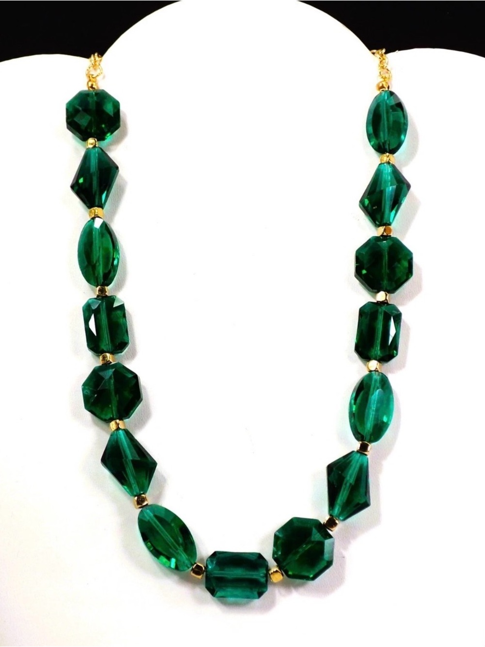 Green glass bead necklace with mixed glass beads shapes and small gold beads New